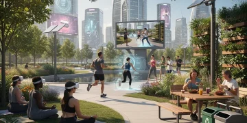 Personas diversas practicando bienestar en un parque urbano futurista de Estados Unidos, destacando la salud mental digital, el fitness personalizado y la nutrición sostenible.