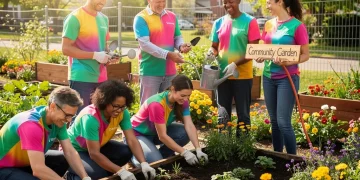 Grupo diverso de voluntarios sonriendo mientras trabajan en un jardín comunitario, plantando y regando plantas bajo el sol.
